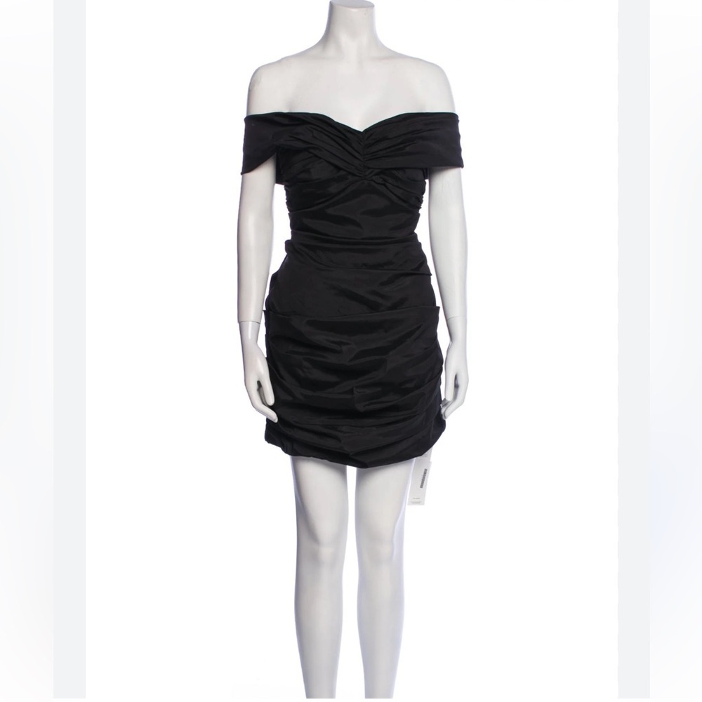 THEIA Off The Shoulder Satin Black Mini Dress